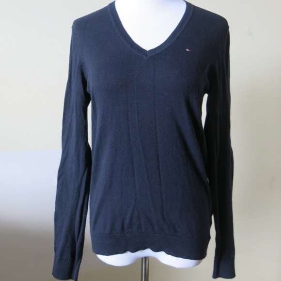 TOMMY HILFIGER Cotton Blend Navy Blue Long Sleeve V Neck Sweater - Size Medium - Picture 1 of 5